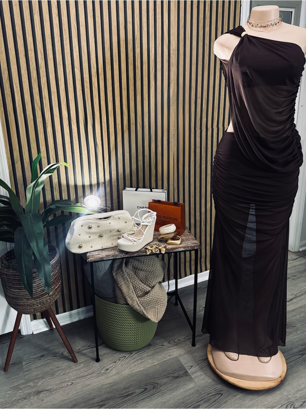 Women’s One-Shoulder Brown Ruched Maxi Skirt